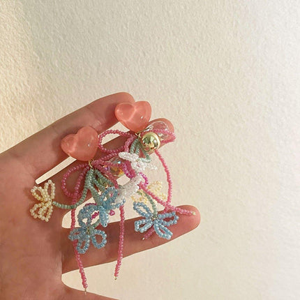 Cute Girly Pink Love Beaded Earrings Bow Bells Fashion Jewellery Women