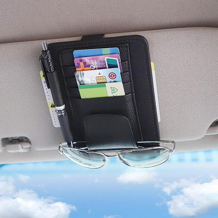 Sun Visor Organizer Sunglasses Holder Card Storage PU Leather Pouch Car Black - Aimall