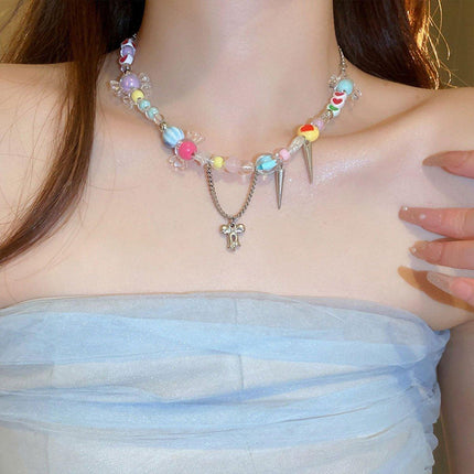 Cute Candy Heart Colourful Beaded Necklace Women Girls Trendy Fashion