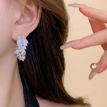 Zircon Leaves Earrings Before After Wear Design Fashion Jewellery Women