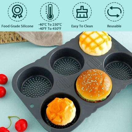 6 Cavity Silicone Hamburger Bun Pan Non Stick Burger Bread Mold Pans Baking Tool