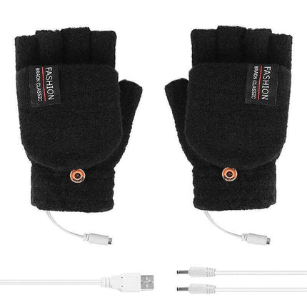 Winter Electric Rechargeable Mitten Heated Gloves Half Finger W/Hat USB Knitted - Aimall