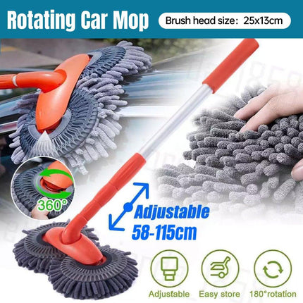 Retractable Double Head Car Cleaning Tool Chenille Wash Mop Rotating Soft Brush