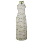 Spring Summer Silk Hemp Cheongsam Long Dress Improved Sleeveless Chinese Qipao