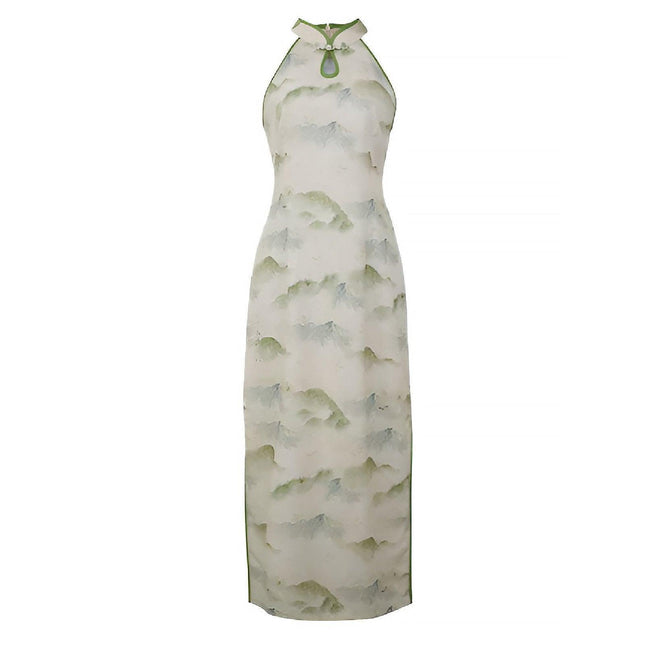 Spring Summer Silk Hemp Cheongsam Long Dress Improved Sleeveless Chinese Qipao