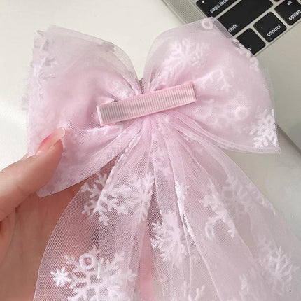 Girls Snowflake Hair Clip Tulle Veil Bow Barrettes Christmas Hairband Gift Party - Aimall