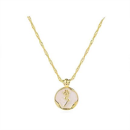 White Gold Plated Round Rose Natural Shell Pendant Necklace Pearlescent Gift - Aimall