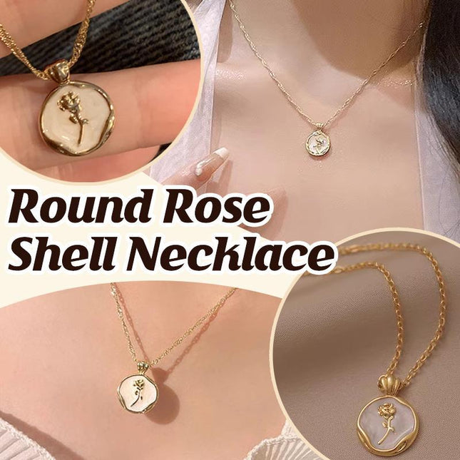 White Gold Plated Round Rose Natural Shell Pendant Necklace Pearlescent Gift - Aimall