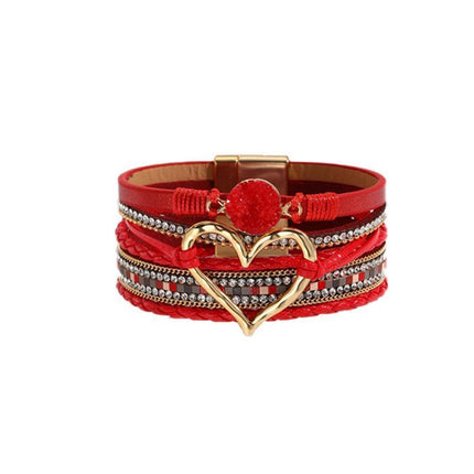 Chic Women's Multi-Color Leather Wrap Bracelet Love Heart Charms Magnetic Clasp - Aimall