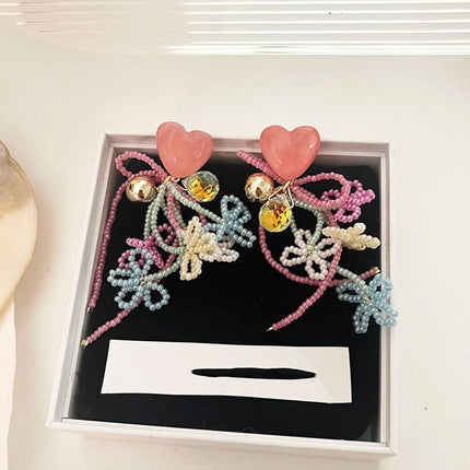 Cute Girly Pink Love Beaded Earrings Bow Bells Fashion Jewellery Women