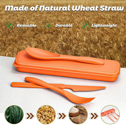 8 Sets Cutlery Wheat Straw Reusable Spoon Fork Knife Travel Portable Tableware