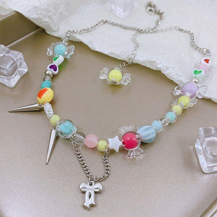 Cute Candy Heart Colourful Beaded Necklace Women Girls Trendy Fashion