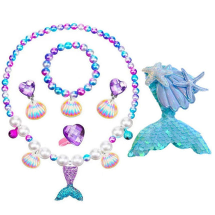 Girls Mermaid Fishtail Jewelry Set Necklace Bracelet Shell Earrings Ring Gift