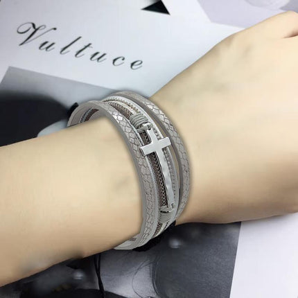 Men Cross Bracelet Multi-Layer Leather Wristband Stainless Steel Stylish Gift - Aimall