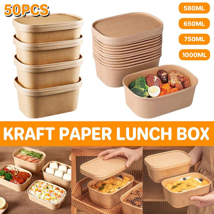 50pcs Kraft Lunch Boxes Picnic Bento Light Lunch Boxes Eco Friendly Containers