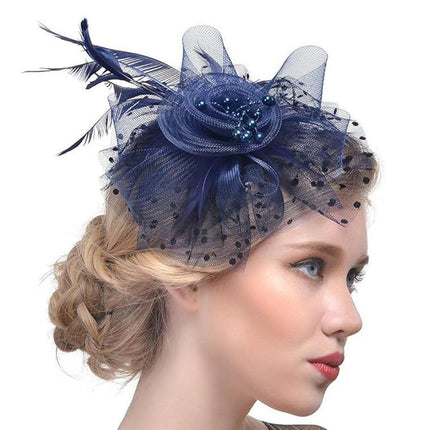 Blue Vintage Bridal Headdress Feather Flower Mesh Hair Accessories for Cheongsam