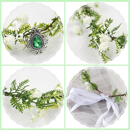 Handmade White Green Pendant Flower Crown Headband Wedding Fairy Elf Cosplay
