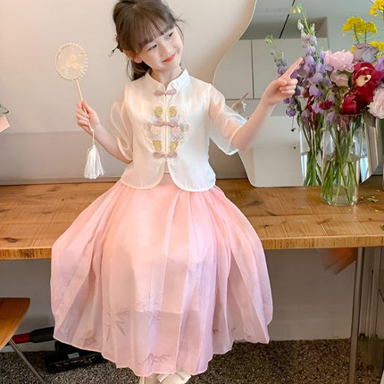 Girls Short Sleeve Dress Chinese Style Skirt Traditional Summer Outfit