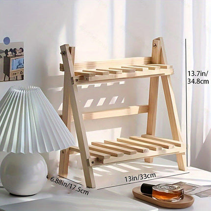 Wooden Desktop Storage Rack Double-Layer Desktop Storage Shelf Folding Organizer