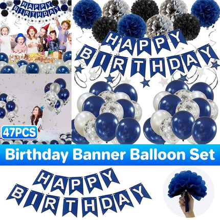 47pcs Blue Birthday Banner Balloon Set Party Decoration Blue Silver Paper Flower