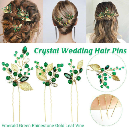 Wedding Bridal U Shaped Hairpins Emerald Green Leaf Bun Clips Women Rhinestone