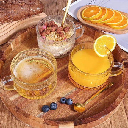 4PCS Vintage 14oz Embossed Glass Coffee Cups with Bamboo Lid and Spoon for Tea Milk