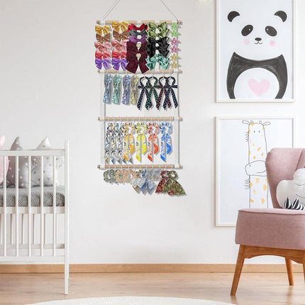 4 Tier Wooden Hair Clip Organizer Hanging Rack for Hair Clips and Ties Storage