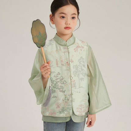 Spring Girls Chinese Embroidery Waistcoat Set Western Style Shirt Two-Piece