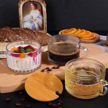 4PCS Vintage 14oz Embossed Glass Coffee Cups with Bamboo Lid and Spoon for Tea Milk