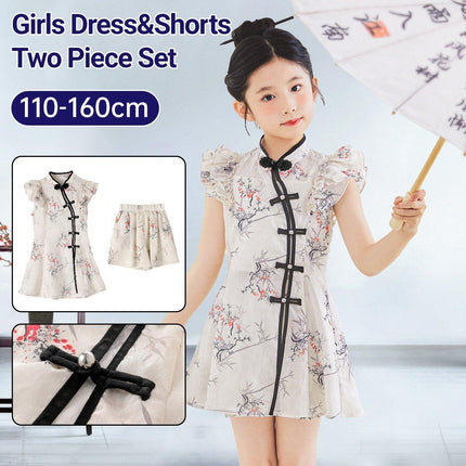 Traditional Style Girls Outfit Cheongsam Top with Matching Shorts Two-Piece Set