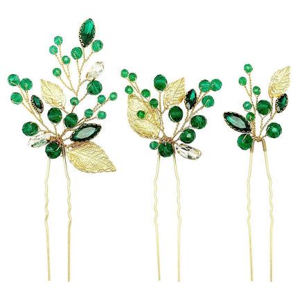 Wedding Bridal U Shaped Hairpins Emerald Green Leaf Bun Clips Women Rhinestone