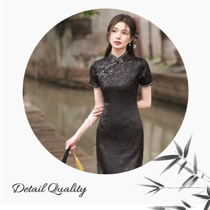 Black Cheongsam Chinese Traditional Above-Knee Dress Split Slim Standing Collar