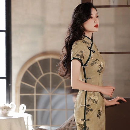 Retro Chinese Style Yellow Jacquard Cheongsam Short Sleeve Improved Young Style