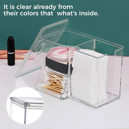 Clear Plastic Makeup Organizer Cotton Swab Storage Holder Compartment Vanity Box
