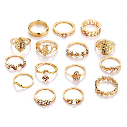 Gold Hollow Stackable Joint Ring Set 15 PCS Various Styles Versatile Womens - Aimall