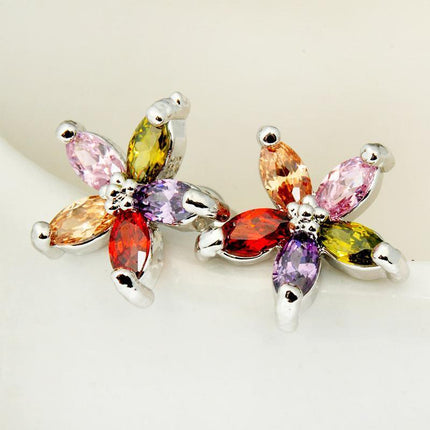 Colourful Petal Zircon Earrings Silver Ladies Wedding Party Christmas Gift - Aimall