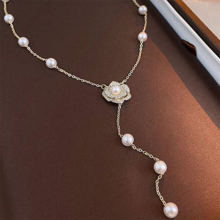 Gold Flower Pearl Tassel Necklace Elegant Temperament Jewelry Gift for Women