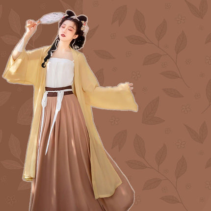 Hanfu Yellow Jacket Beige Traditional Chinese Long Coat for Spring/Summer Wear