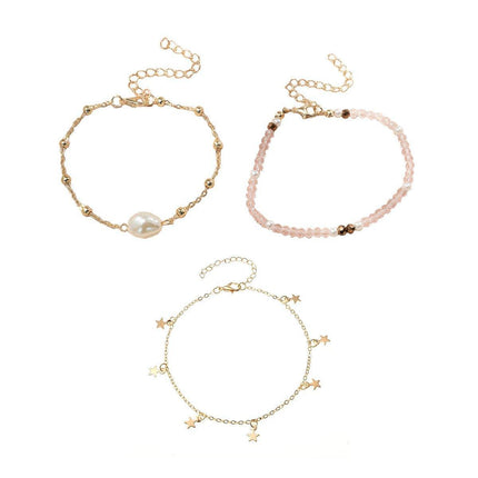 3pcs Pink Star Anklet Set Five-Pointed Star Foot Chain Fringe Jewelry Women