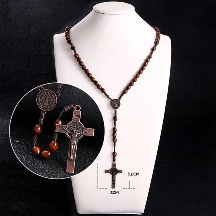 1PC Wooden Rosary Beads Necklace Christian Cross Catholic Rosary Beads - Aimall