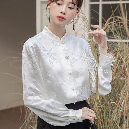 New Spring White Chinese Style Womens Top with Stand Collar Elegant Shirt