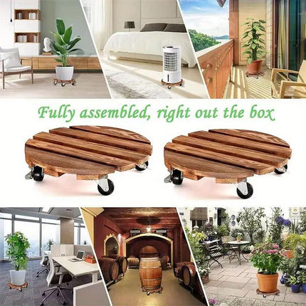 Wooden Round Universal Wheel Planter Base Tray Mobile Planter Stand for Garden