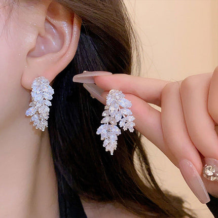 Zircon Leaves Earrings Before After Wear Design Fashion Jewellery Women