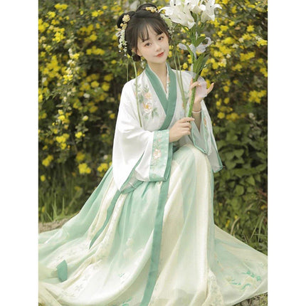 Hanbok Women One Piece Green Flounce Skirt Set Traditional Chinese Style Dress