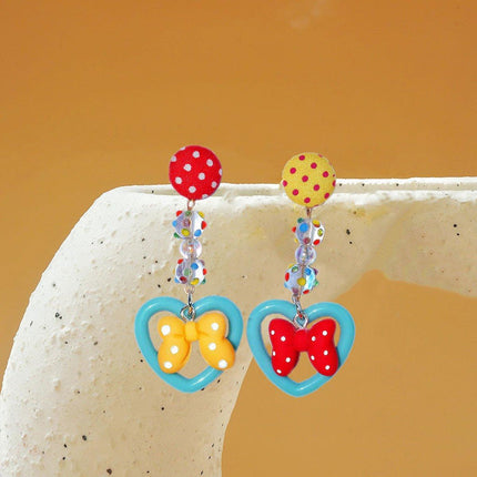 Trendy Bow Earrings Women Cute Peach Ear Clips Dotted Heart Stud Earrings