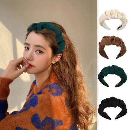 Women Fashionable Vintage Ruffled Wide Edge Solid Colour Hair Band Hoop Headband - Aimall