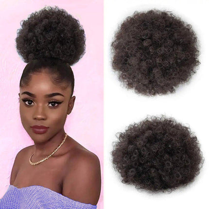 8 Inch Afro Wig Curly Ponytail Hairpiece Natural Puff Bun Hair Extension Black