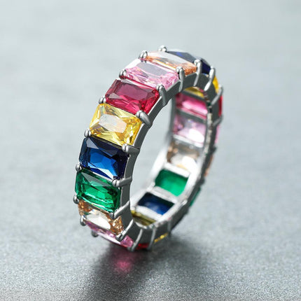 Rainbow Zircon Gemstone Ring Women's Stainless Steel Colourful Ring Size 6-10 - Aimall