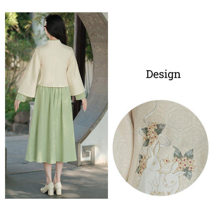 New Chinese Embroidery Green Hanfu Two-Piece Set Autumn Winter Coil Buckle Daily