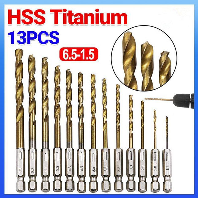 13 PCS Quick Change HSS Titanium Drill Bits Hex Shank Set Soft Metal Wood Timber - Aimall
